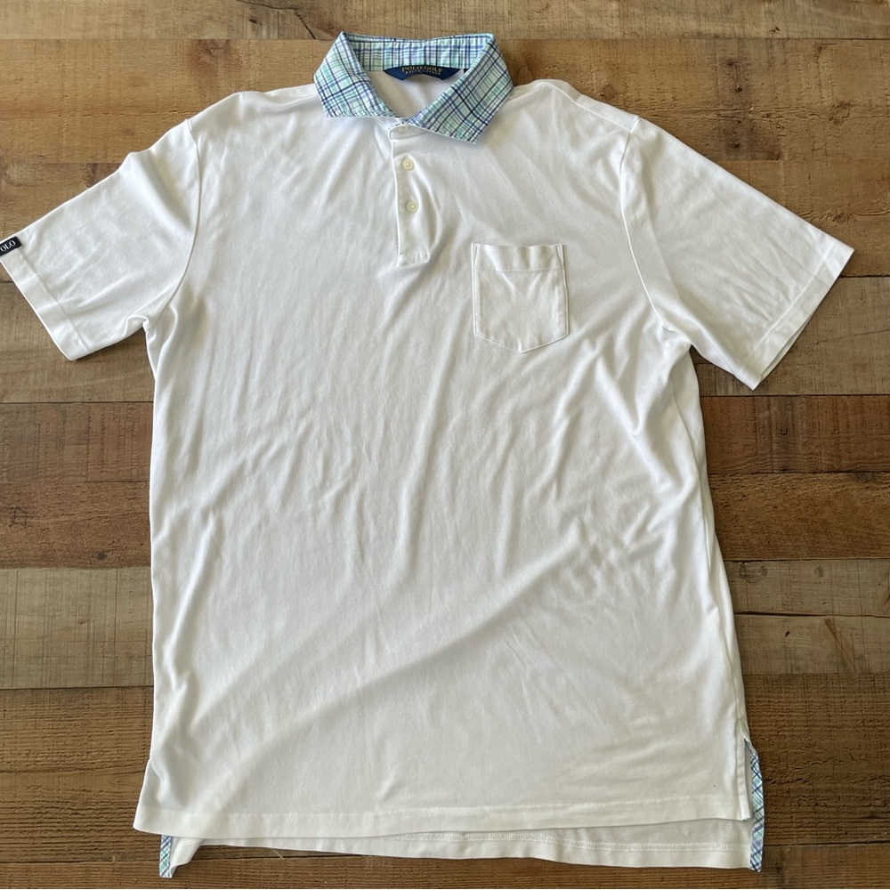 Ralph Lauren POLO GOLF Shirt Mens LARGE White with Blue Plaid Collar